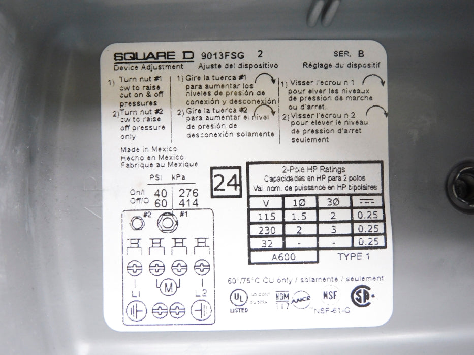 SQUARE D 9013FSG2J24 SER. B 115/230V 40/60PSI NSMP