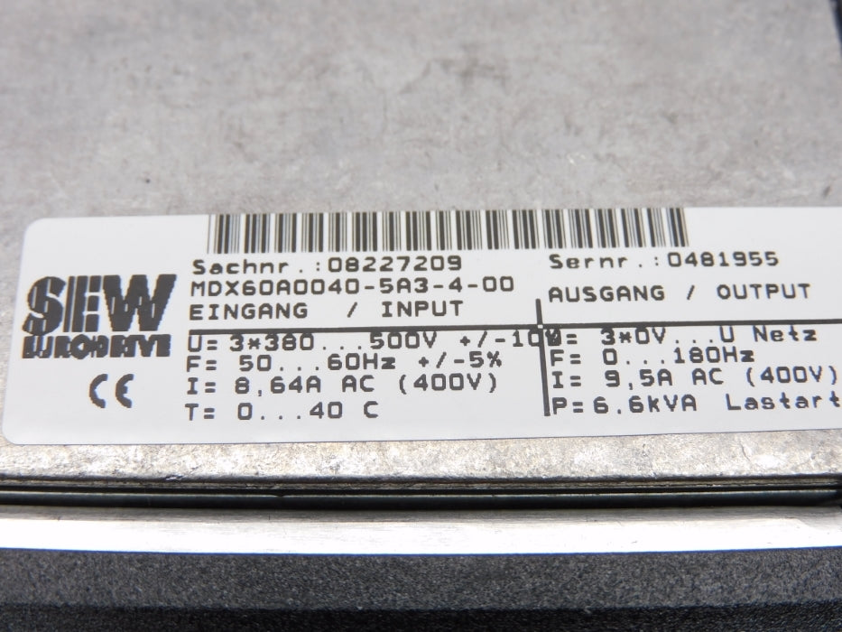 SEW-EURODRIVE MDX61B0040-5A3-4-0T 08279780 380-500VAC 8.6A NSNP