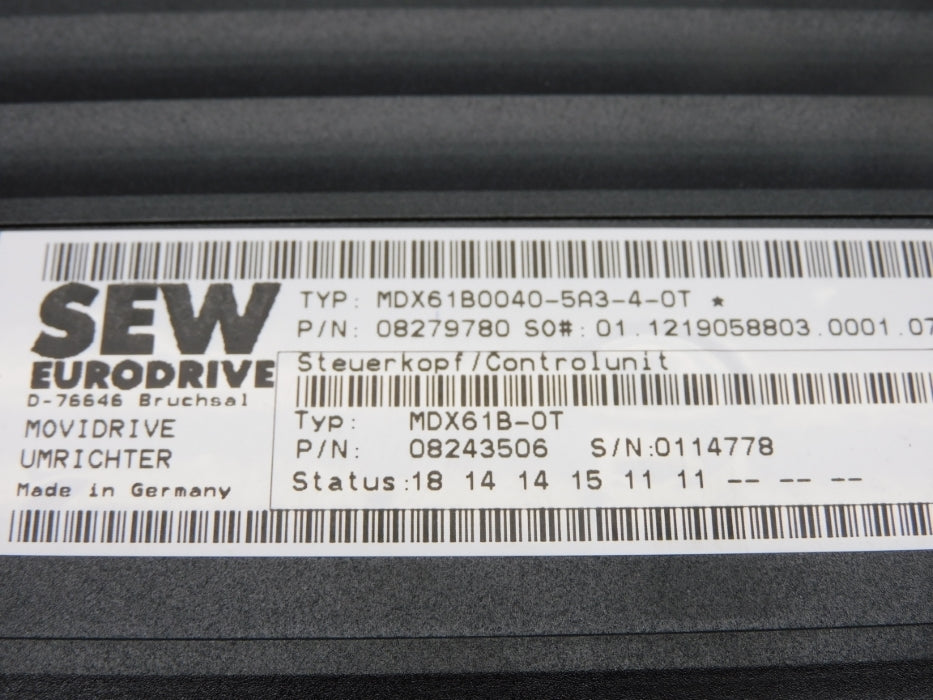 SEW-EURODRIVE MDX61B0040-5A3-4-0T 08279780 380-500VAC 8.6A NSNP
