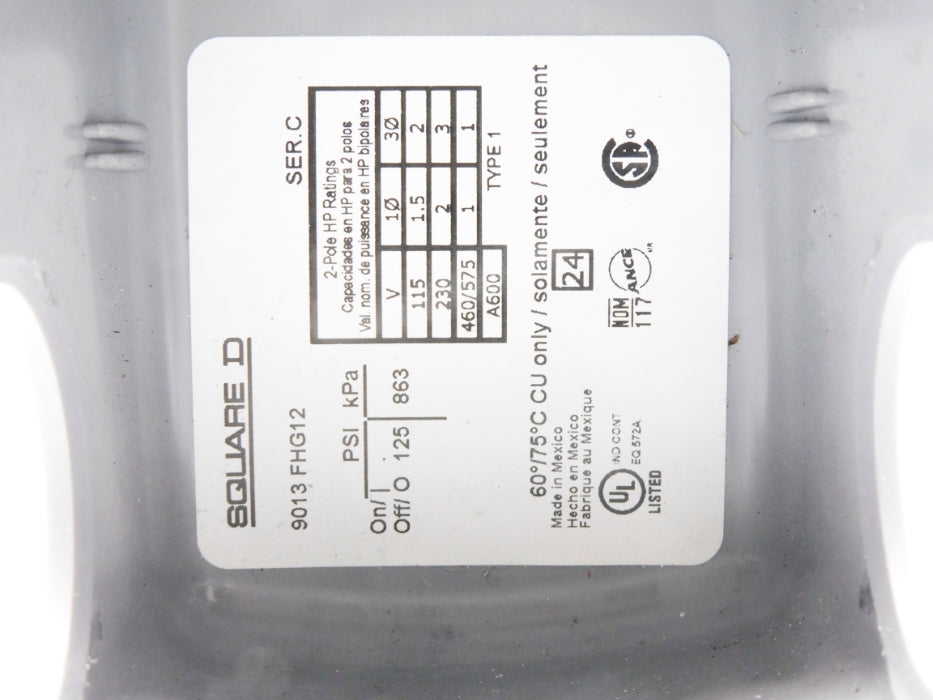 SQUARE D 9013FHG12J52 SER. C 460/575V 125PSI NSMP