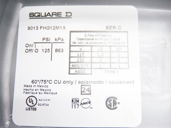 SQUARE D 9013FHG12J52M1X SER. C 460/575V 125PSI NSMP