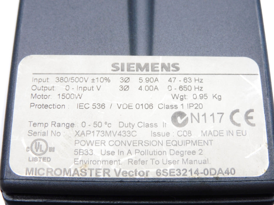 SIEMENS 6SE3214-0DA40 380/500V (AS PICTURED) UNMP