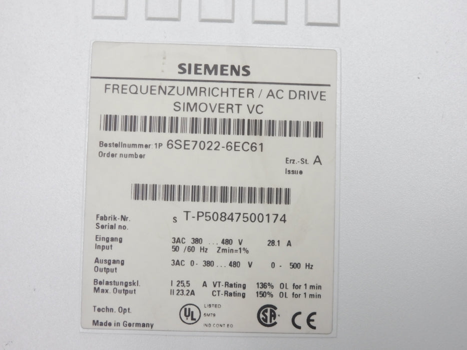 SIEMENS 6SE7022-6EC61 (AS PICTURED) UNMP