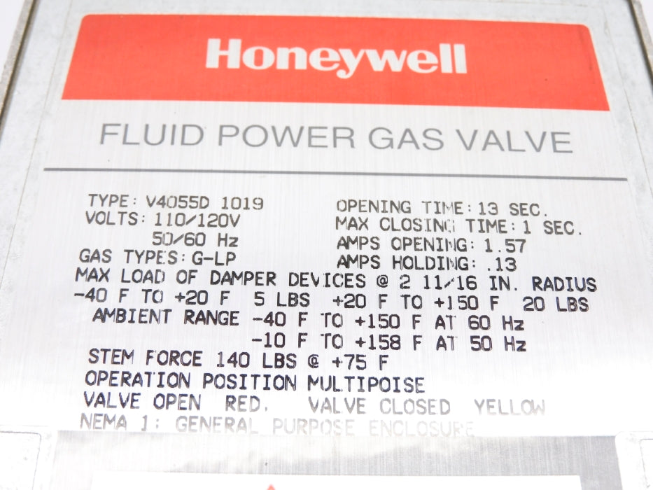 HONEYWELL V4055D1019 110/120V 1.57/.13A 13S NSNP