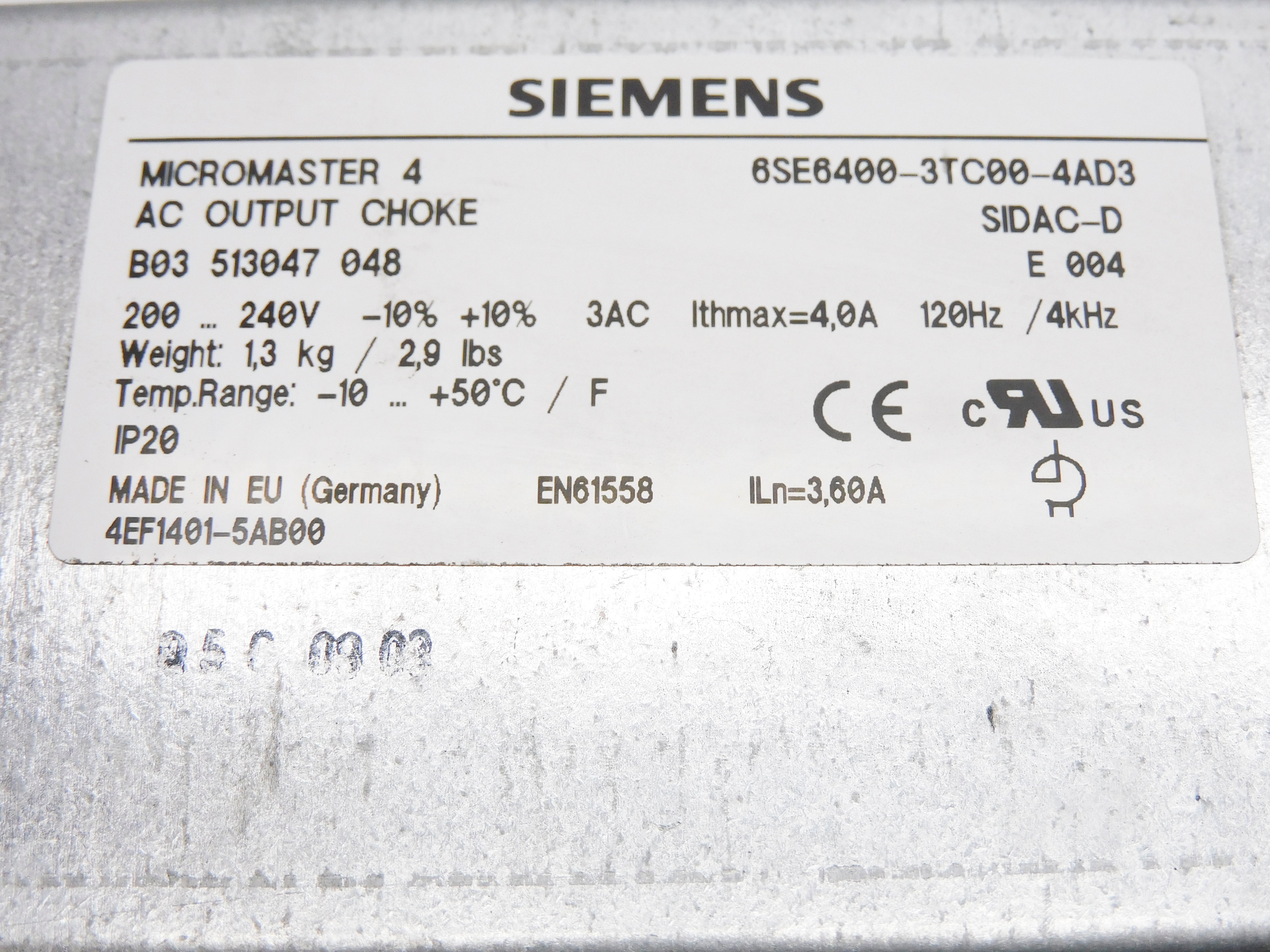 SIEMENS 6SE6400-3TC00-4AD3 200-240V 4.0A UNMP