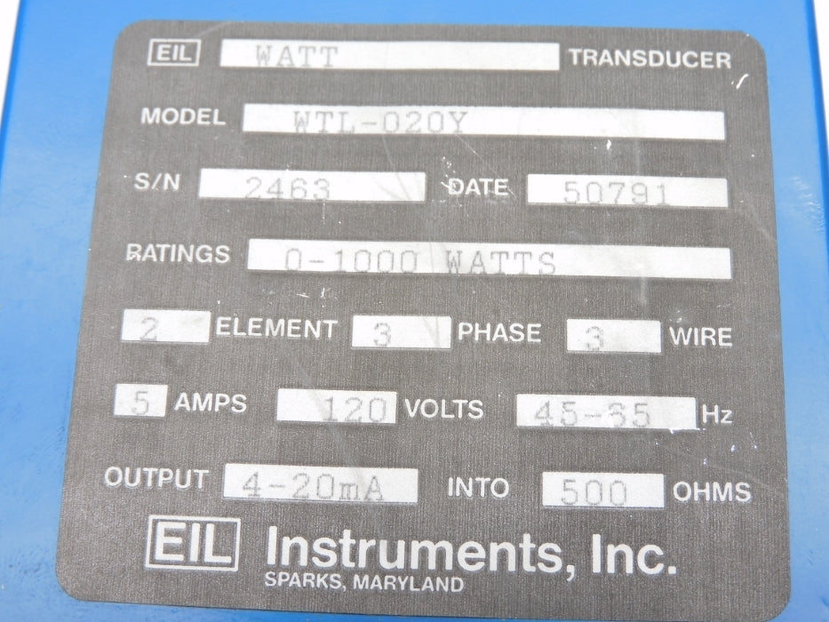 EIL INSTRUMENTS WTL-020Y NSMP