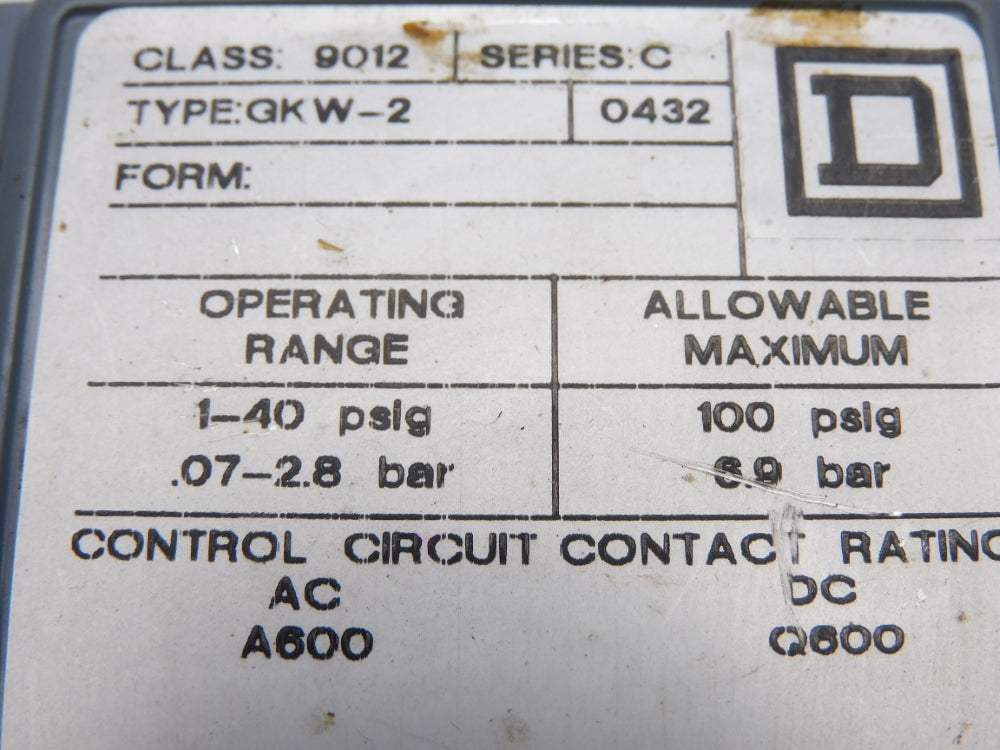 SQUARE D 9012GKW2 SER. C 1-40PSI UNMP
