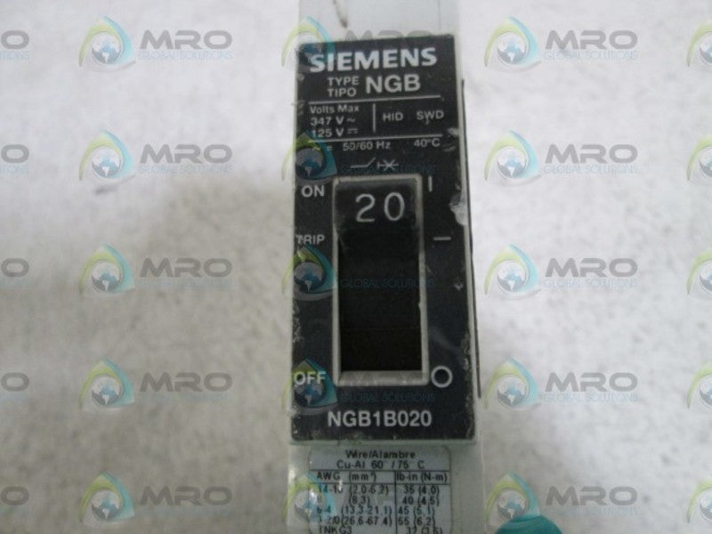 SIEMENS CIRCUIT BREAKER NGB1N020 (AS PICTURED) NSNP