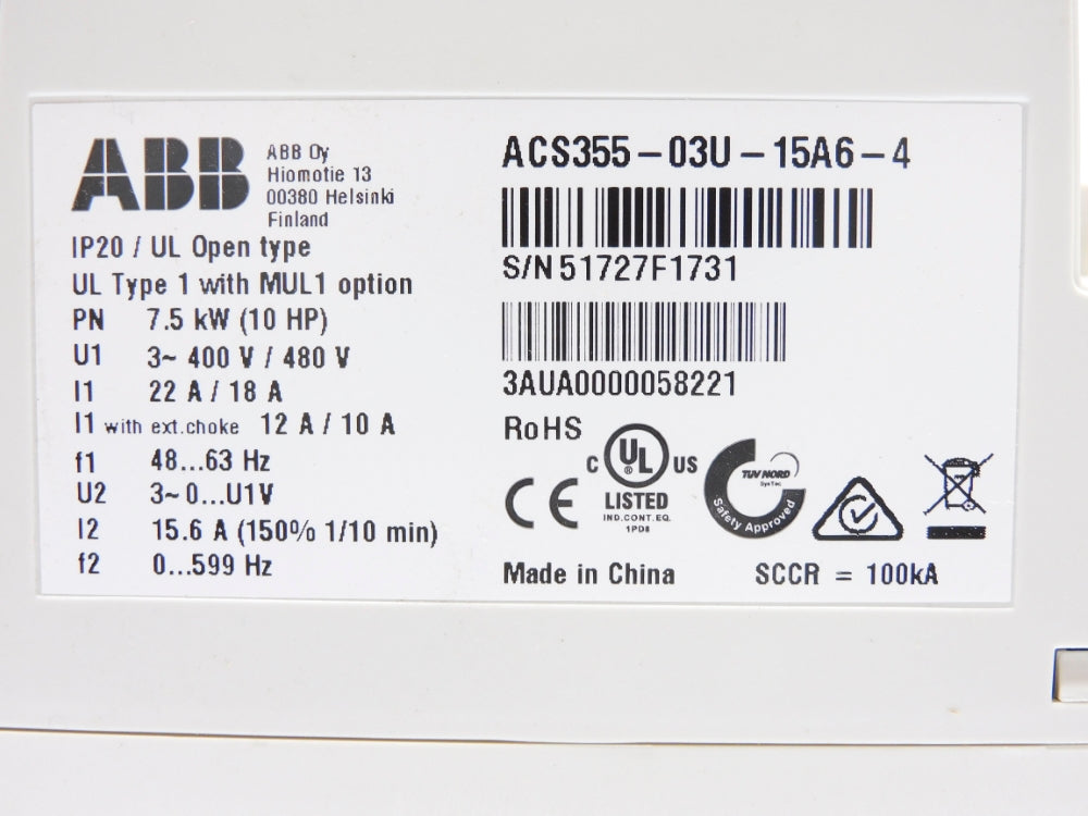 ABB ACS355-03U-15A6-4 3AUA0000058221 400/480V 22/18A NSMP