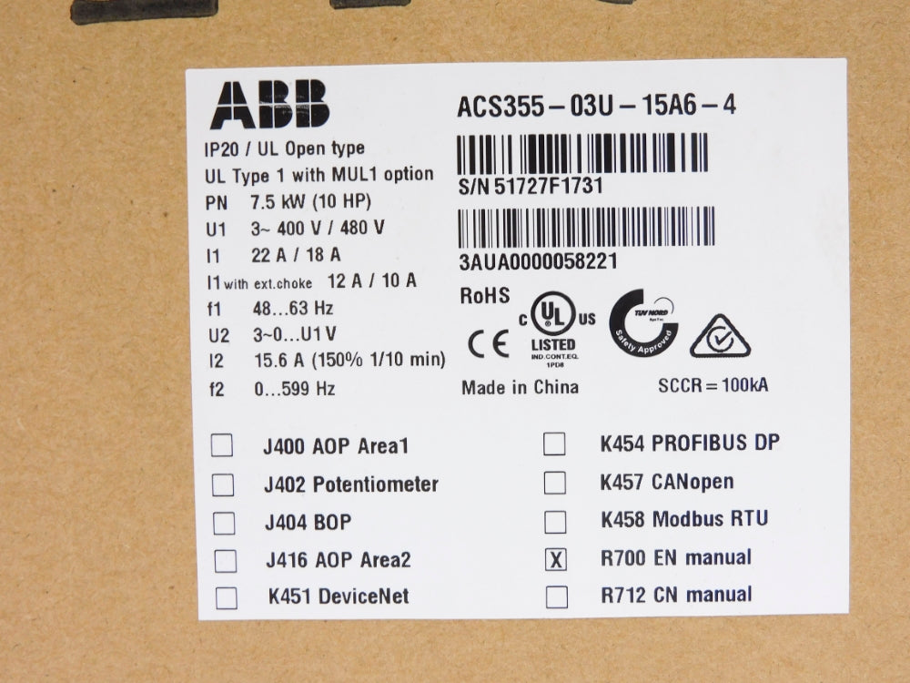 ABB ACS355-03U-15A6-4 3AUA0000058221 400/480V 22/18A NSMP