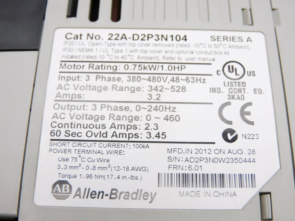 ALLEN BRADLEY 22A-D2P3N104 SER. A F/W 6.01 342-528VAC 3.2A NSNP