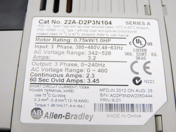 ALLEN BRADLEY 22A-D2P3N104 SER. A F/W 6.01 342-528VAC 3.2A NSNP