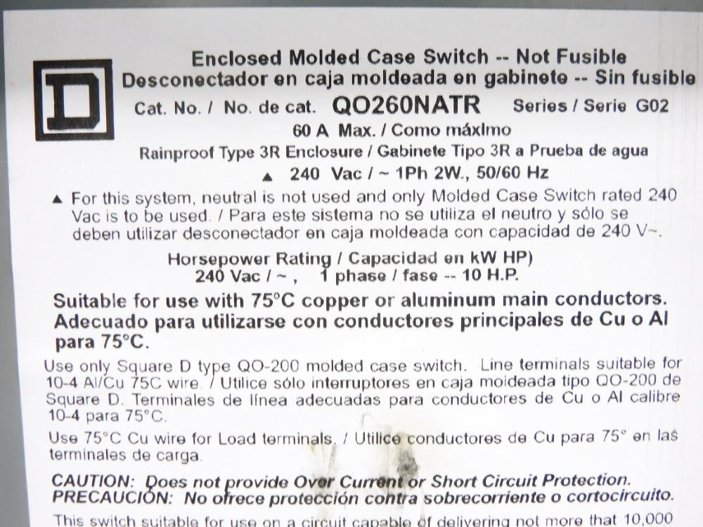 SQUARE D  QO260NATR SER. G02 240VAC 60A NSNP