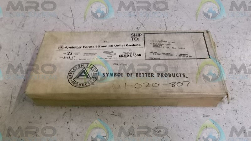 LOT OF 25 APPLETON GK350 & 400N GASKET NSMP