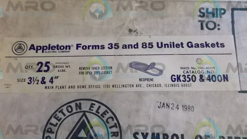 LOT OF 25 APPLETON GK350 & 400N GASKET NSMP