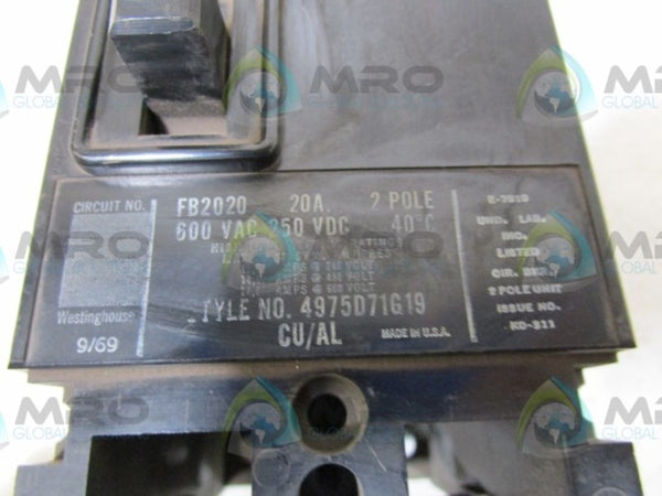 WESTINGHOUSE FB2020 CIRCUIT BREAKER  UNMP