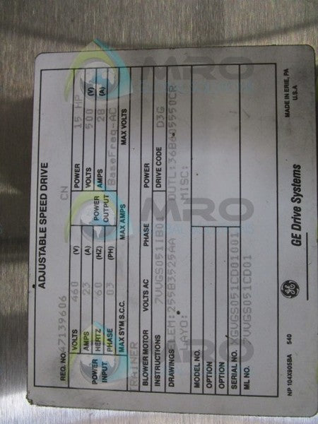 GENERAL ELECTRIC 7VVGS051CD01 15HP 500V 28 AMPS ADJUSTABLE SPEED DRIVE  UNMP