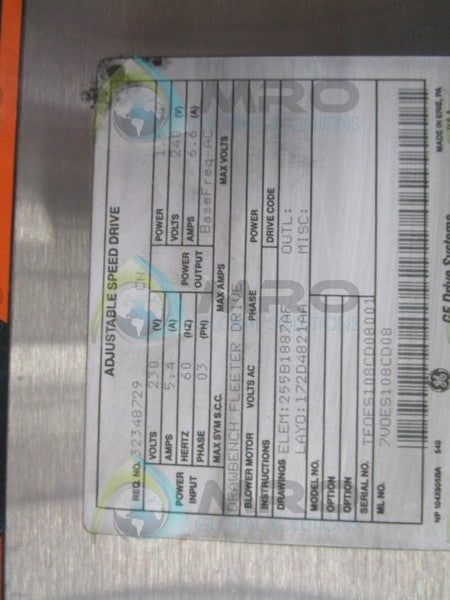 G.E. 7V0ES108CD08 1.5HP 240V 6.6 AMP SPEED DRIVE (MISSING BOARDS)  UNMP
