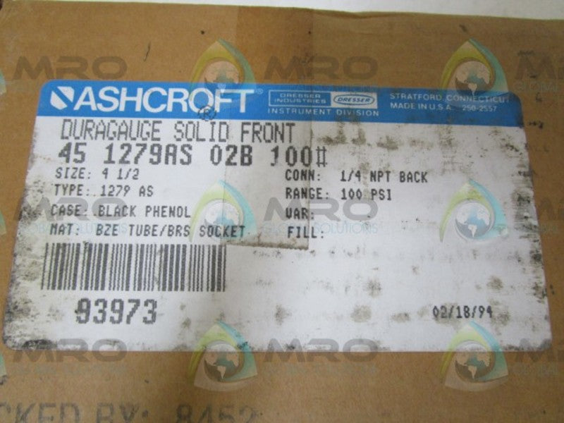 ASHCROFT 451279AS02B-100# DURAGAUGE 0-100 PSI  NSMP