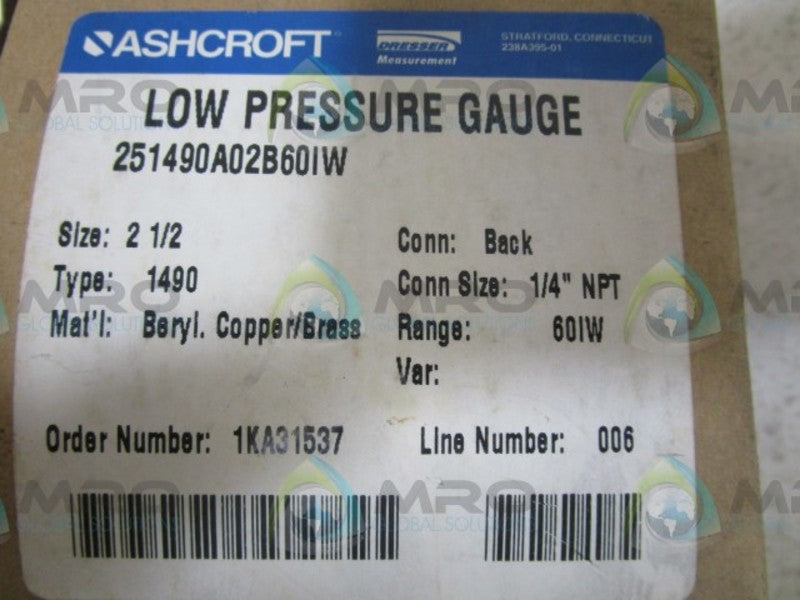 ASHCROFT 251490A02B-60IW PRESSURE GAUGE 0-60 IW  NSMP