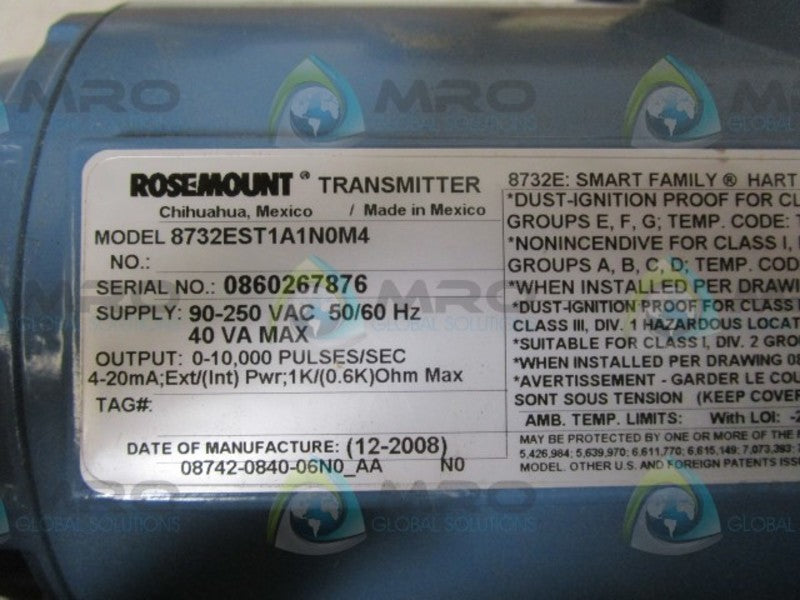 ROSEMOUNT 8732EST1A1N0M4 W/ 8711TSA005U3N0 TRANSMITTER  NSMP