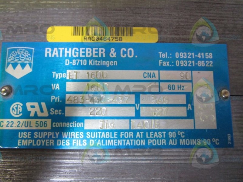 RATHGEBER ET-1600 TRANSFORMER  NSNP