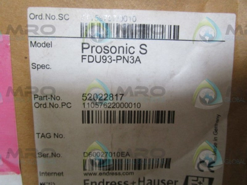 ENDRESS+HAUSER PROSONIC S FDU93-PN3A ULTRASONIC SENSOR  NSMP