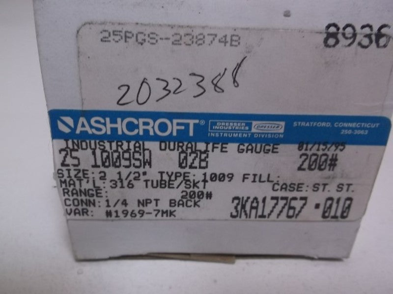 ASHCROFT 251009SW02B-200# PRESSURE GAUGE 0-200 PSI  NSMP