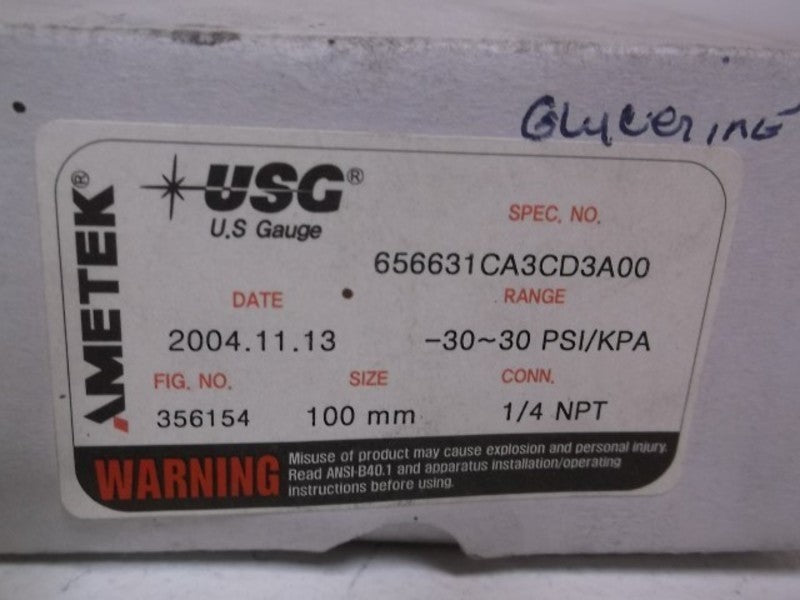 AMETEK 656631CA3CD3A00 GLYCERINE FILLED GAUGE 0-30 PSI  NSMP