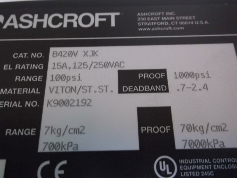 ASHCROFT B420VXJK PRESSURE SWITCH 100 PSI  NSMP