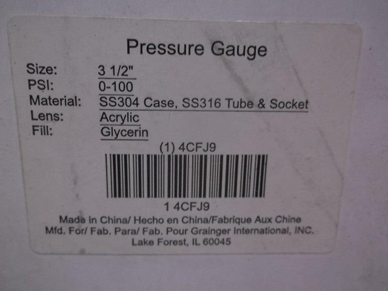 GRAINGER 4CFJ9 PRESSURE GAUGE 3 1/2" 0-100 PSI GLYCERIN FILLED  NSMP