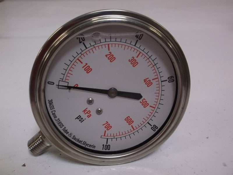 GRAINGER 4CFJ9 PRESSURE GAUGE 3 1/2" 0-100 PSI GLYCERIN FILLED  NSMP