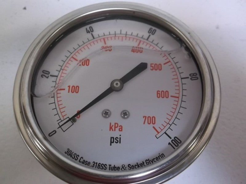 GRAINGER 4CFJ9 PRESSURE GAUGE 3 1/2" 0-100 PSI GLYCERIN FILLED  NSMP