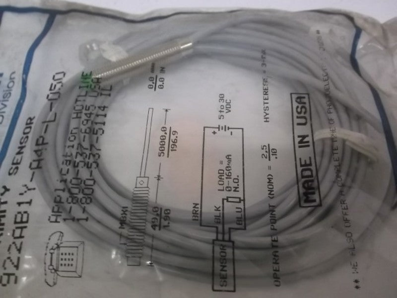 MICRO SWITCH 922AB1Y-A4P-L-050 PROXIMITY SENSOR  NSNP IN A BAG