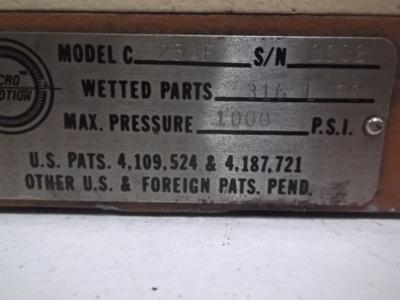MICRO MOTION C25AF MASS FLOW METER 1000 PSI  UNMP