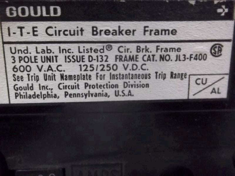GOULD ITE JL3-400 CIRCUIT BREAKER 3 POLE (AS PICTURED) MISSING 3 SCREWS  UNMP