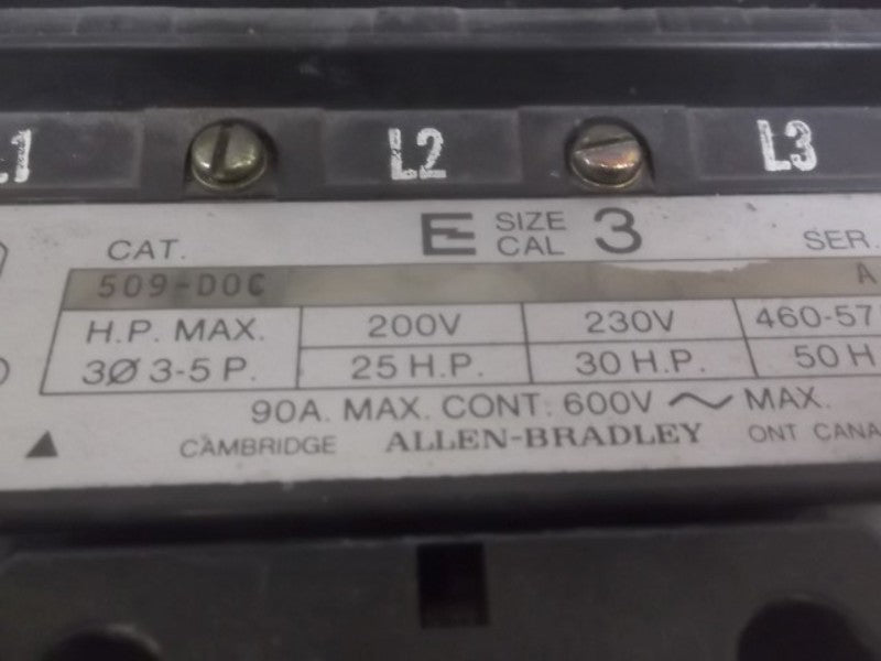 ALLEN BRADLEY 509-DOC SER A NEMA FULL VOLTAGE NON REVERSING STARTER  UNMP