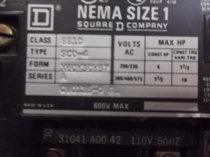 SQUARE D 8810-SCO-4 CONSTANT/VARIABLE STARTER NEMA SIZE 1  UNMP