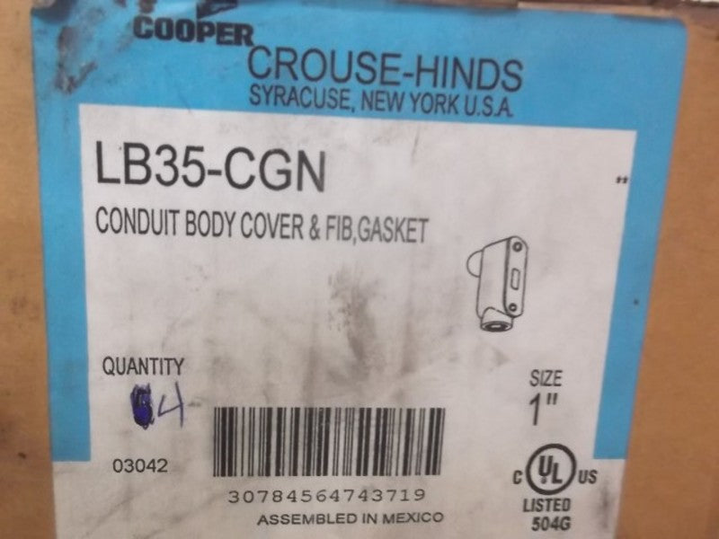 LOT OF 4 COOPER LB35-CGN CONDUIT BODY COVER & FIB GASKET 1" NSMP