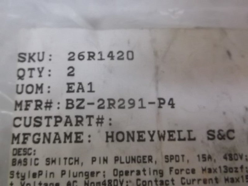 LOT OF 2 HONEYWELL BZ-2R291-P4 SNAP ACTION BASIC SWITCH NSNP IN A BAG
