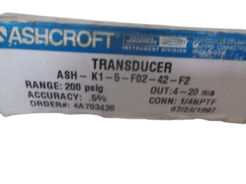 ASHCROFT ASH-K1-5-F02-42-F2 PRESSURE TRANSDUCER 200 PSIG  NSMP