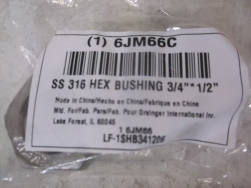 LOT OF 4 GRAINGER 6JM66C SS 316 HEX BUSHING 3/4" NSNP IN A BAG