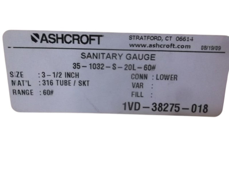 ASHCROFT 351032S20L-60# SANITARY GAUGE 0-60 PSI  NSMP