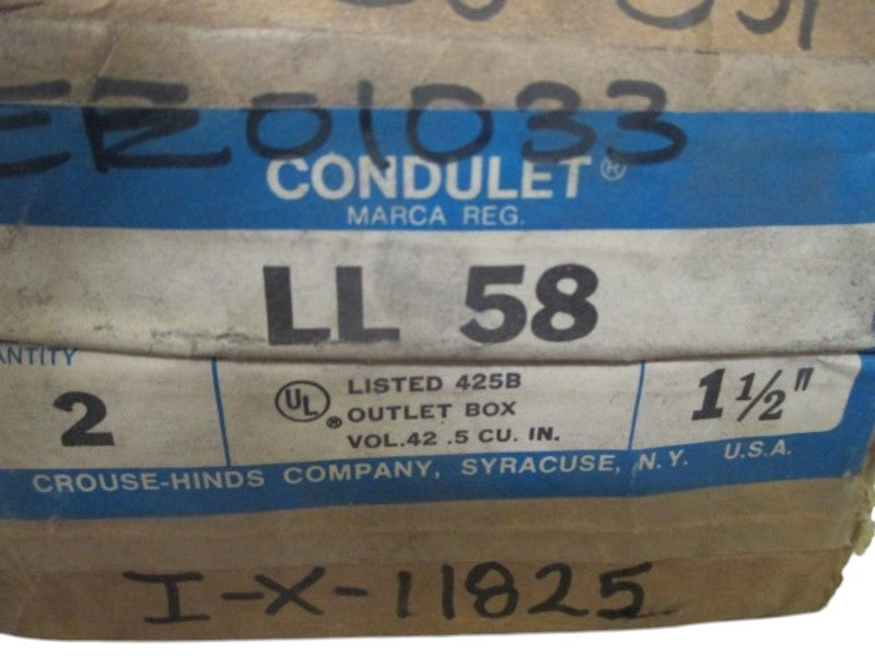 LOT OF 2 CROUSE-HINDS LL-58 CONDUIT BODY 1-1/2" LL COVER & GASKET NSMP