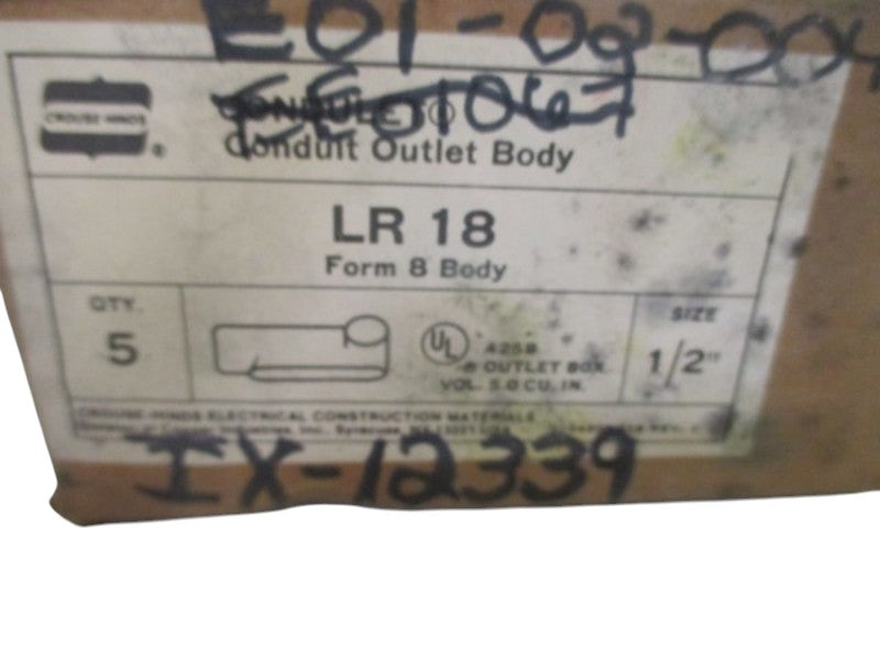 LOT OF 5 CROUSE-HINDS LR-18 CONDUIT OUTLET BODY 1/2" NSMP