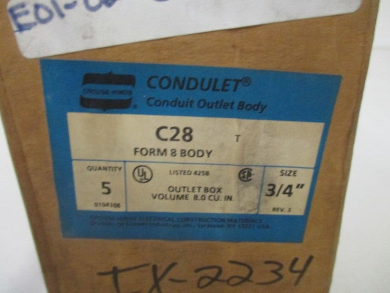 LOT OF 5 CROUSE-HINDS C28 CONDUIT OUTLET BODY 3/4" NSMP
