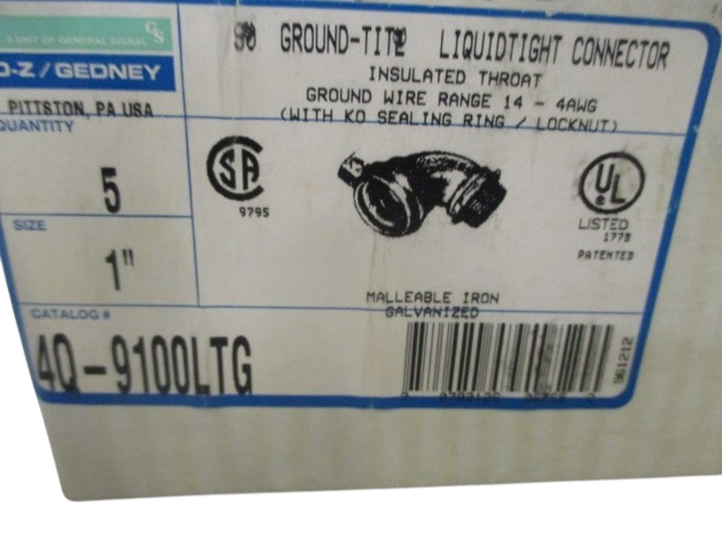 LOT OF 5 O-Z/GEDNEY 4Q-9100LTG LIQUIDTIGHT CONNECTOR INSULATED NSMP