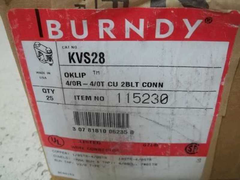 LOT OF 25 BURNDY KVS28 OKLIP 4/OR-4/OT CU 2BLT CONN. NSFS