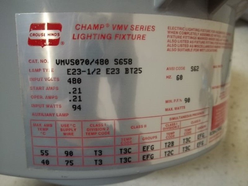 CROUSE-HINDS VMVS070/480-S658 HIGH PRESSURE SODUIM LIGHT FIXTURE  UNMP