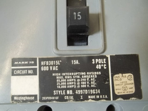 WESTINGHOUSE HFB3015L CIRCUIT BREAKER * USED *